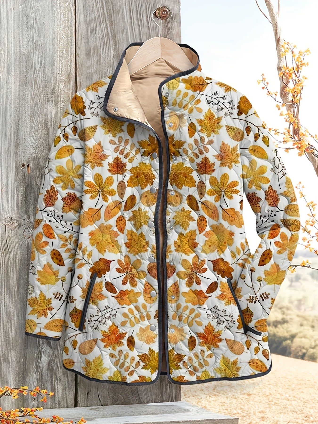 Women's Vintage Autumn Leaf Print Quilted Jacket