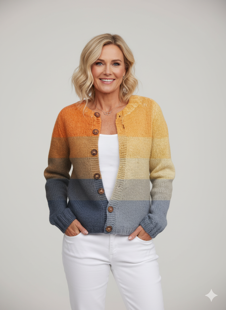 Vintage Orange Blue Gradient Plaid Pattern Sunset Abstract Art Print Buttoned Cardigan Sweater