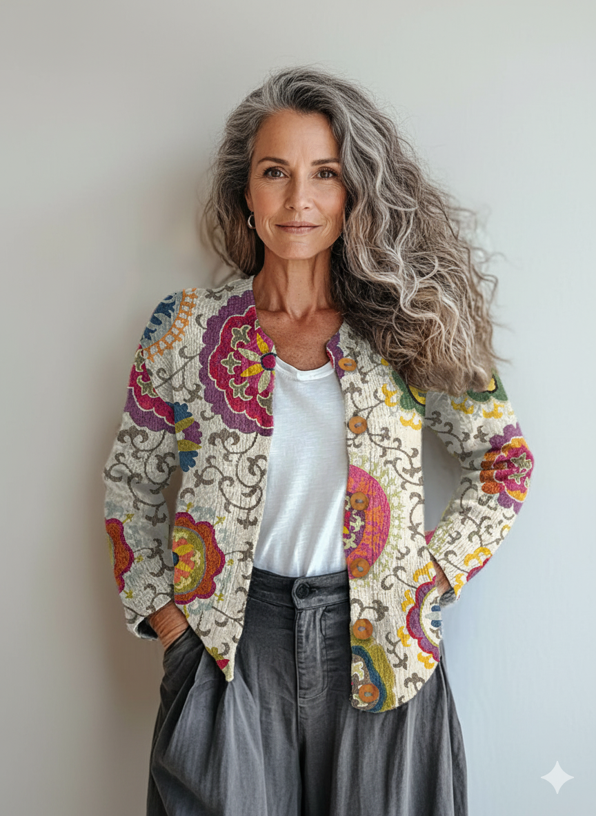 Vintage Flower Art Print Buttoned Cardigan Sweater