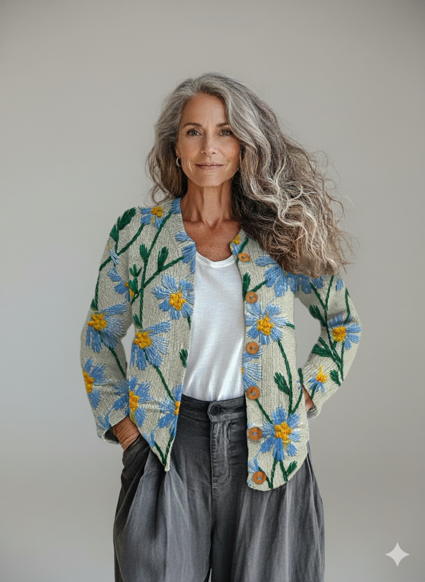 Vintage Flower Art Print Buttoned Cardigan Sweater