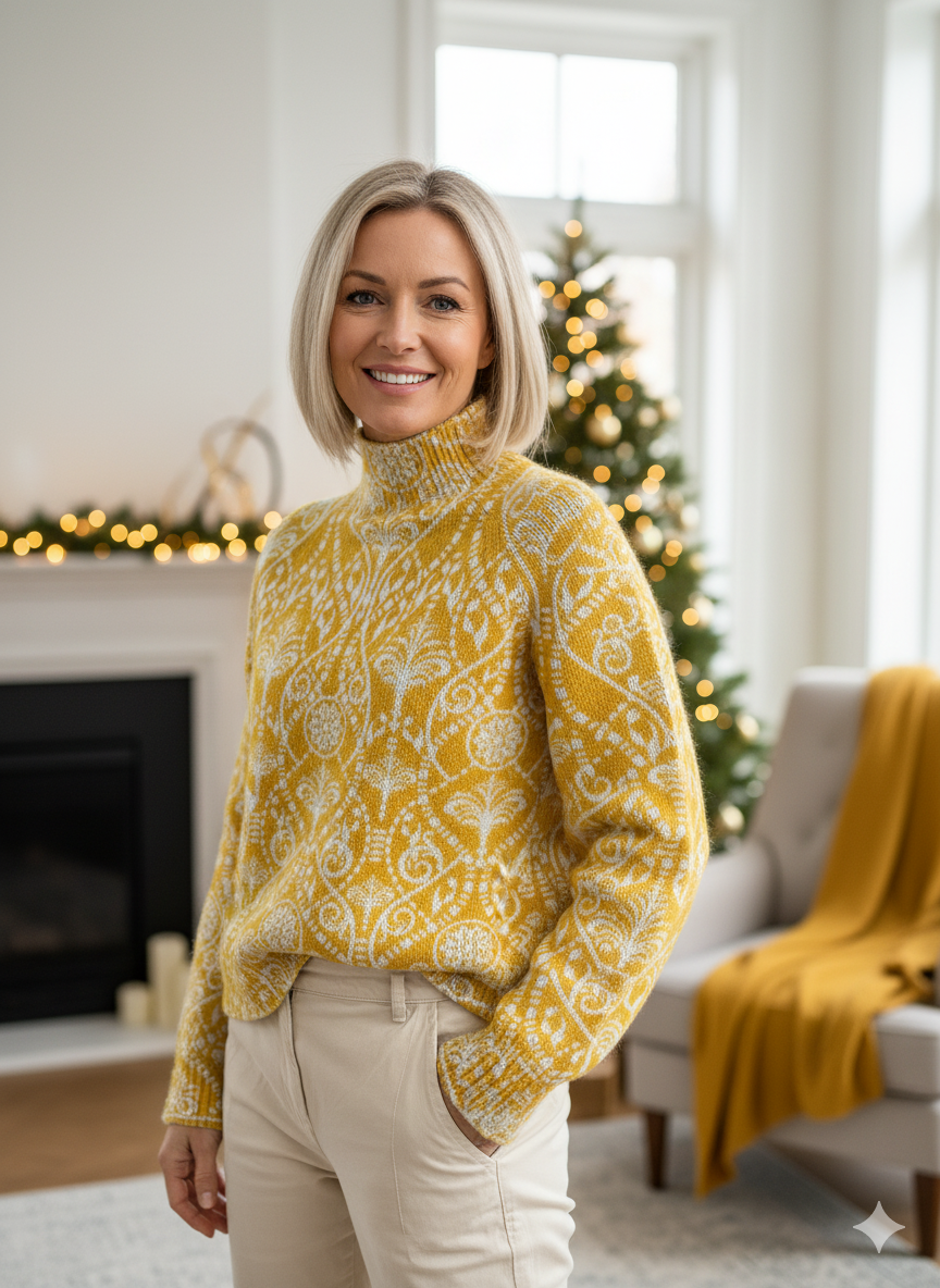 Women's Bohemian Graphic Art Print Knitted Turtleneck Pullover Sweater