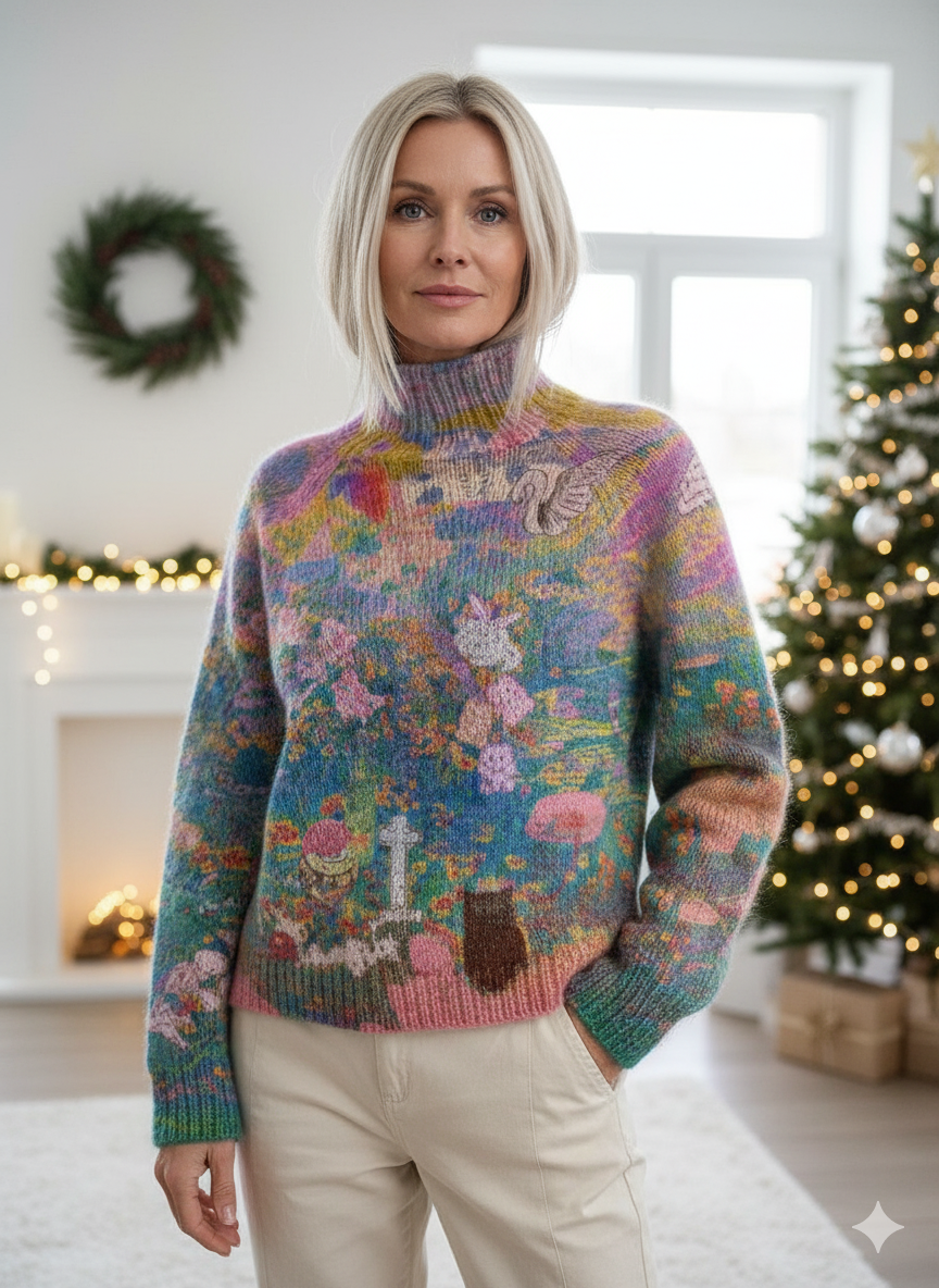 Women's Animal Skull Floral Pattern Art Print Knitted Turtleneck Pullover Sweater