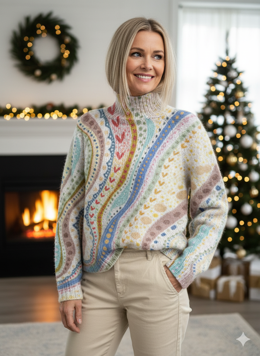 Women's Love Heart Floral Stripe Pattern Art Print Knitted Turtleneck Pullover Sweater