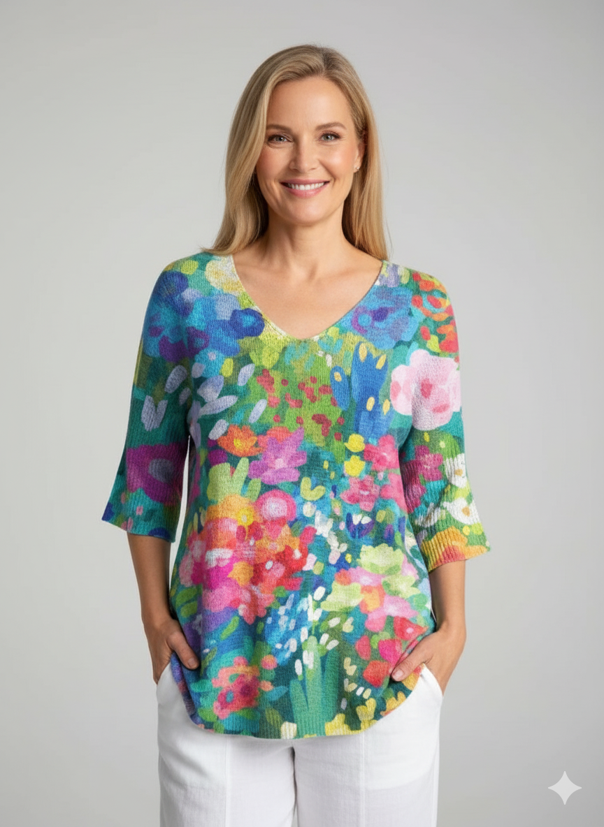 Women's Vintage Lovely Floral Art Print Casual Pullover Knit