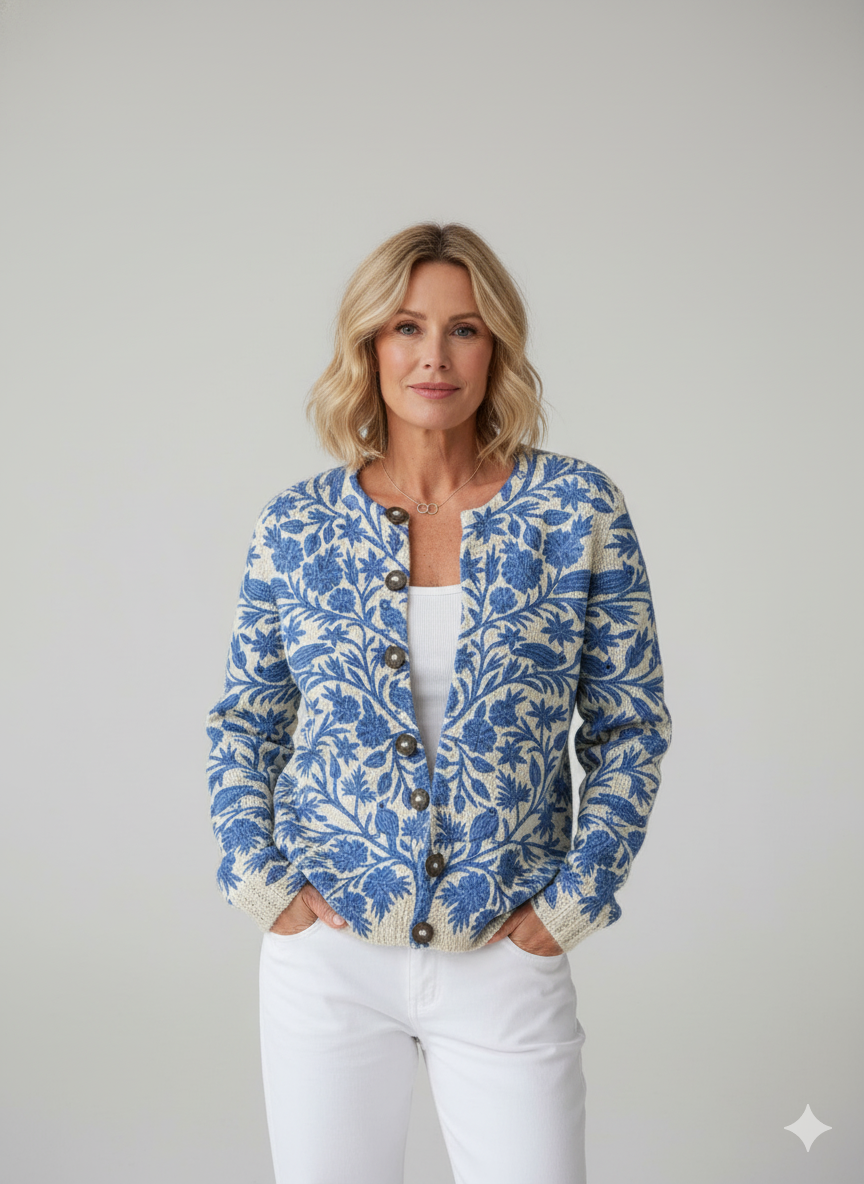 Indian Art Floral Vintage Art Print Buttoned Cardigan Sweater