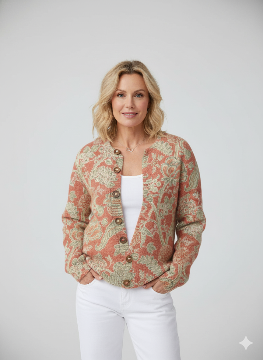 Vintage Hand Drawn Floral Pattern Print Buttoned Cardigan Sweater