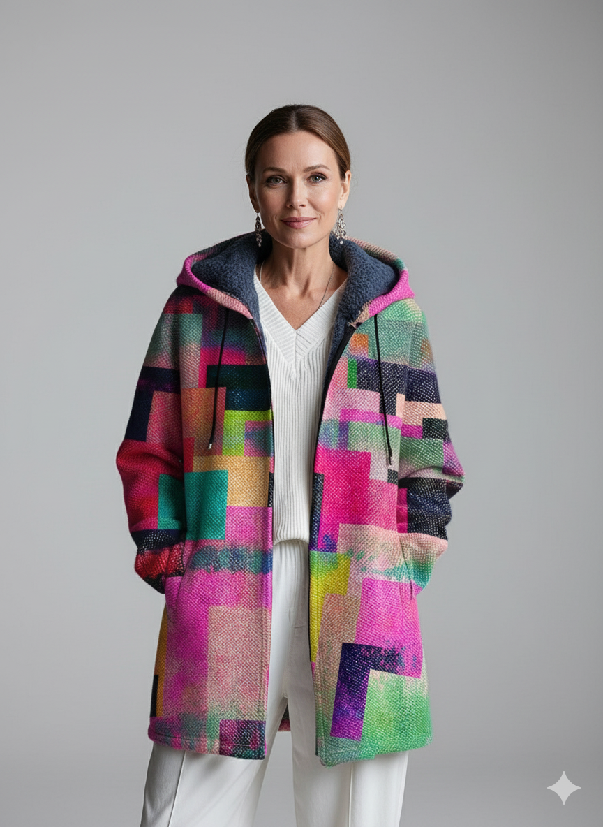 Beautiful Colorful Geometric Check Art Print Unisex Plush Thick Long-Sleeved Sweater Cardigan Coat