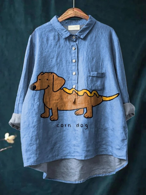 Vintage Lovely Corn Dog Art Print Casual Linen Shirt