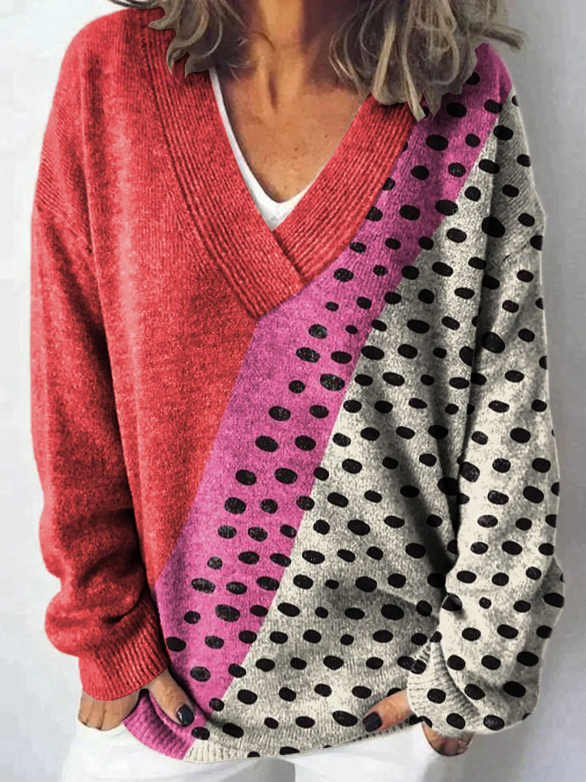 Art Print Knit V-neck Pullover Sweater