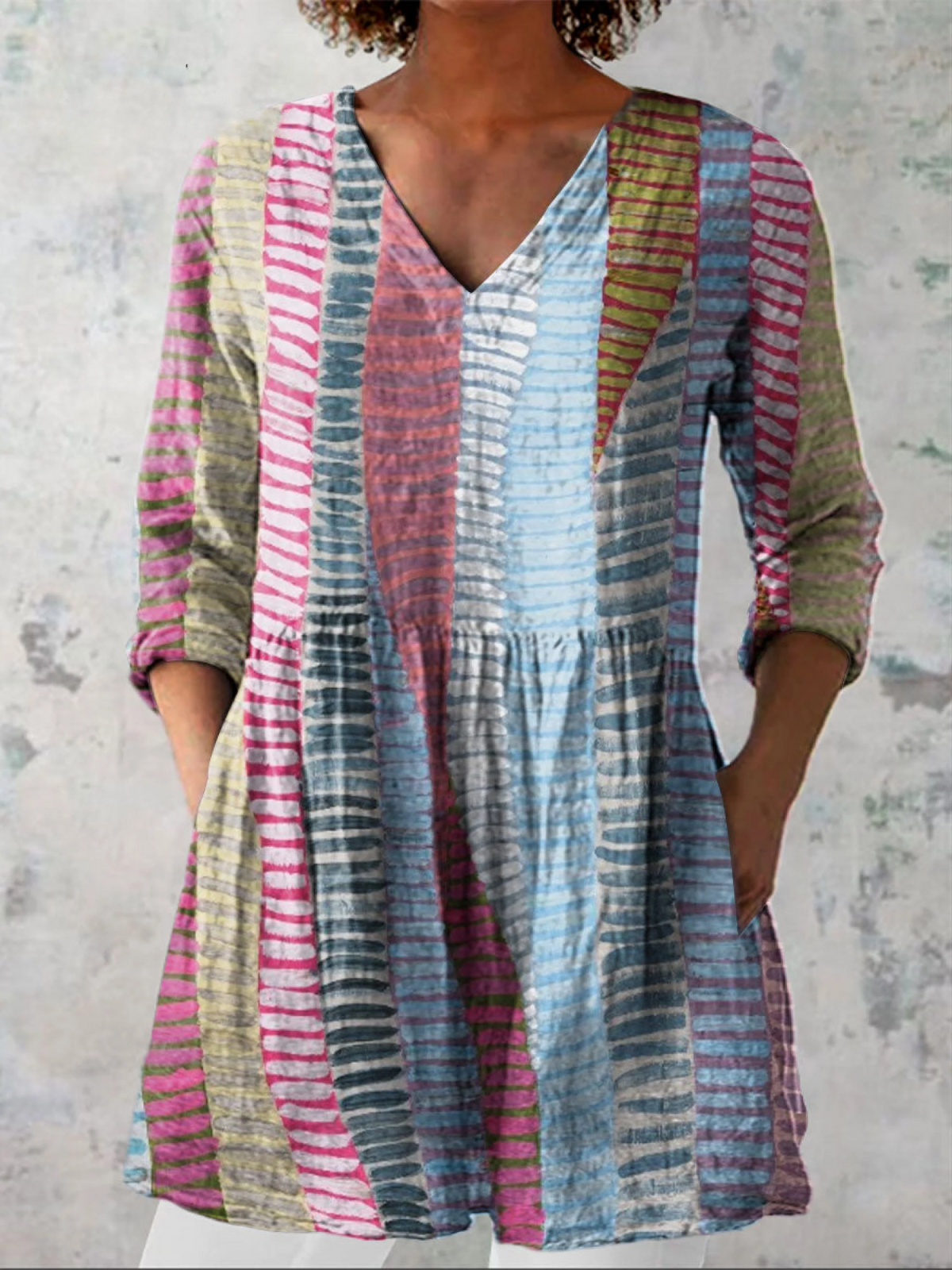 Women's Vintage Color Block Line Art Print Casual Linen V-neck Tunic