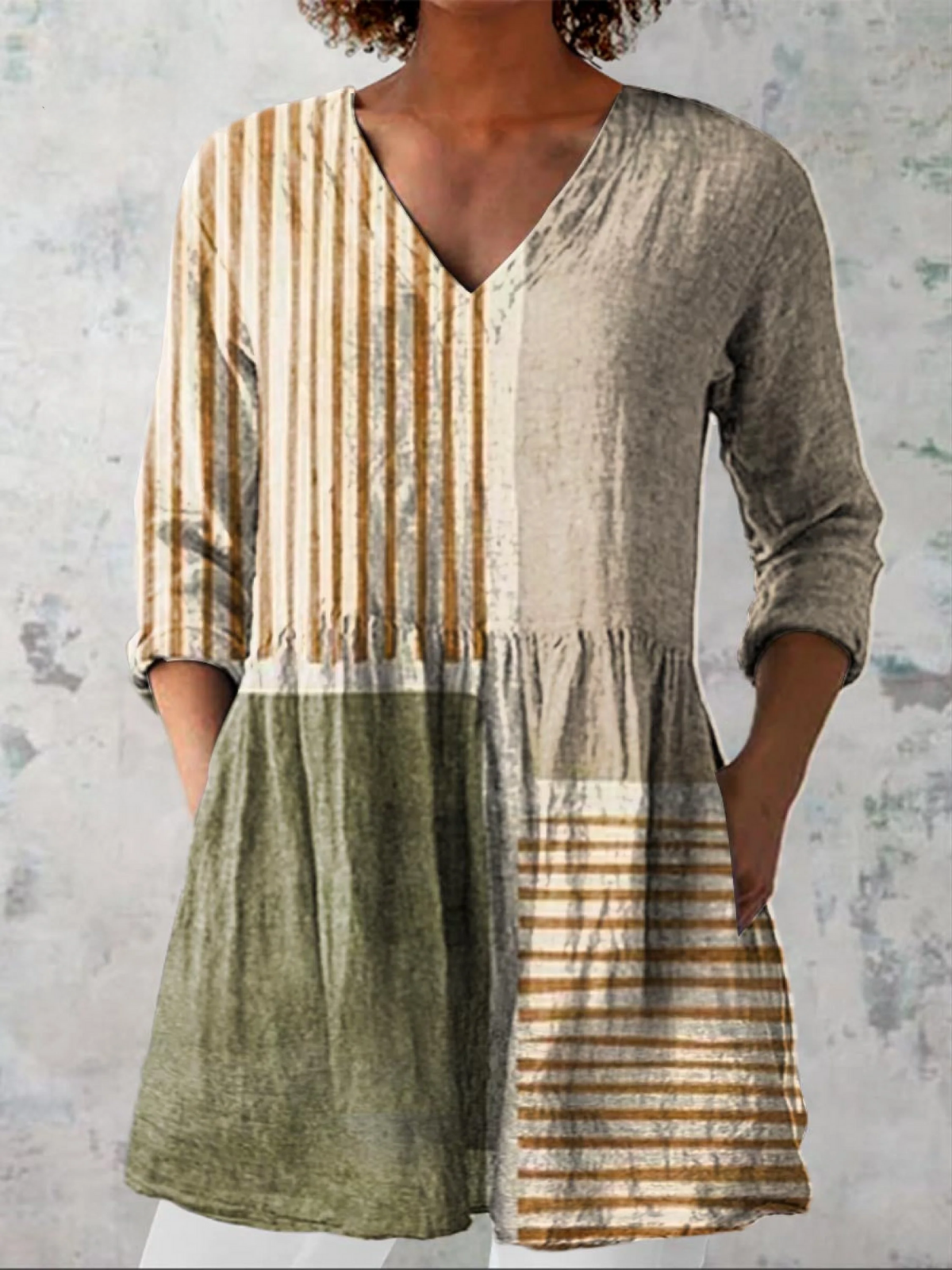 Women's Abstract Geometric Pattern Art Print Casual Linen V-neck Tunic
