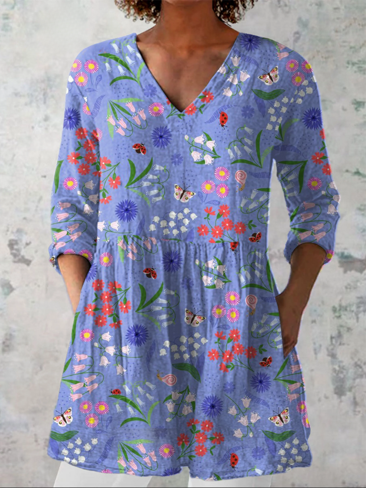 Women's   Pastoral Flowers Art Print Casual Linen V-neck Tunic