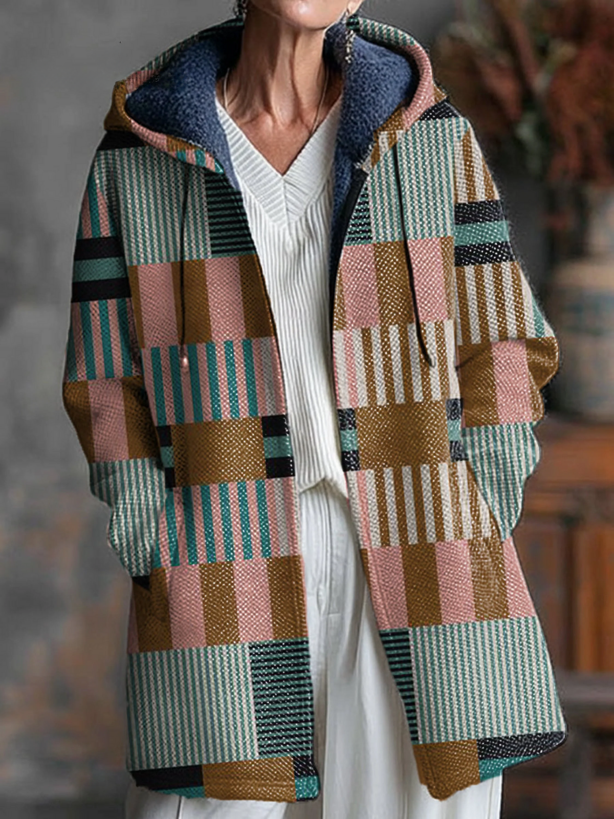 Vintage Stripe Art Print Unisex Plush Thick Long-Sleeved Sweater Cardigan Coat