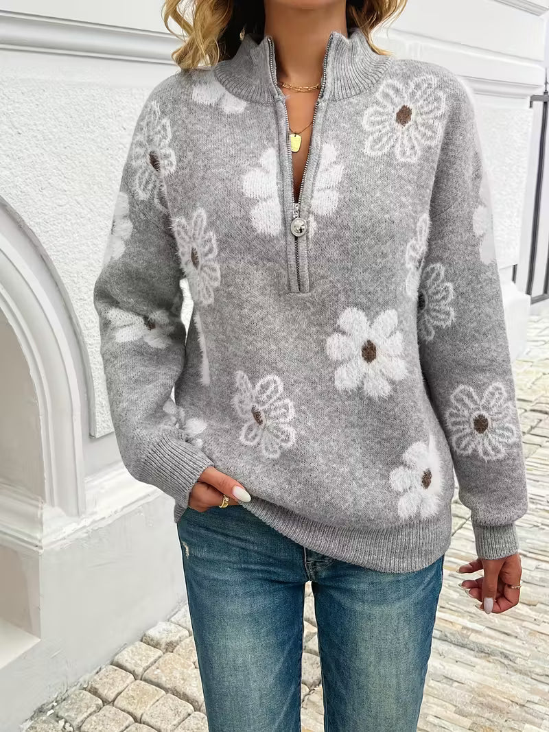 Floral Knit Half-Zip Sweater