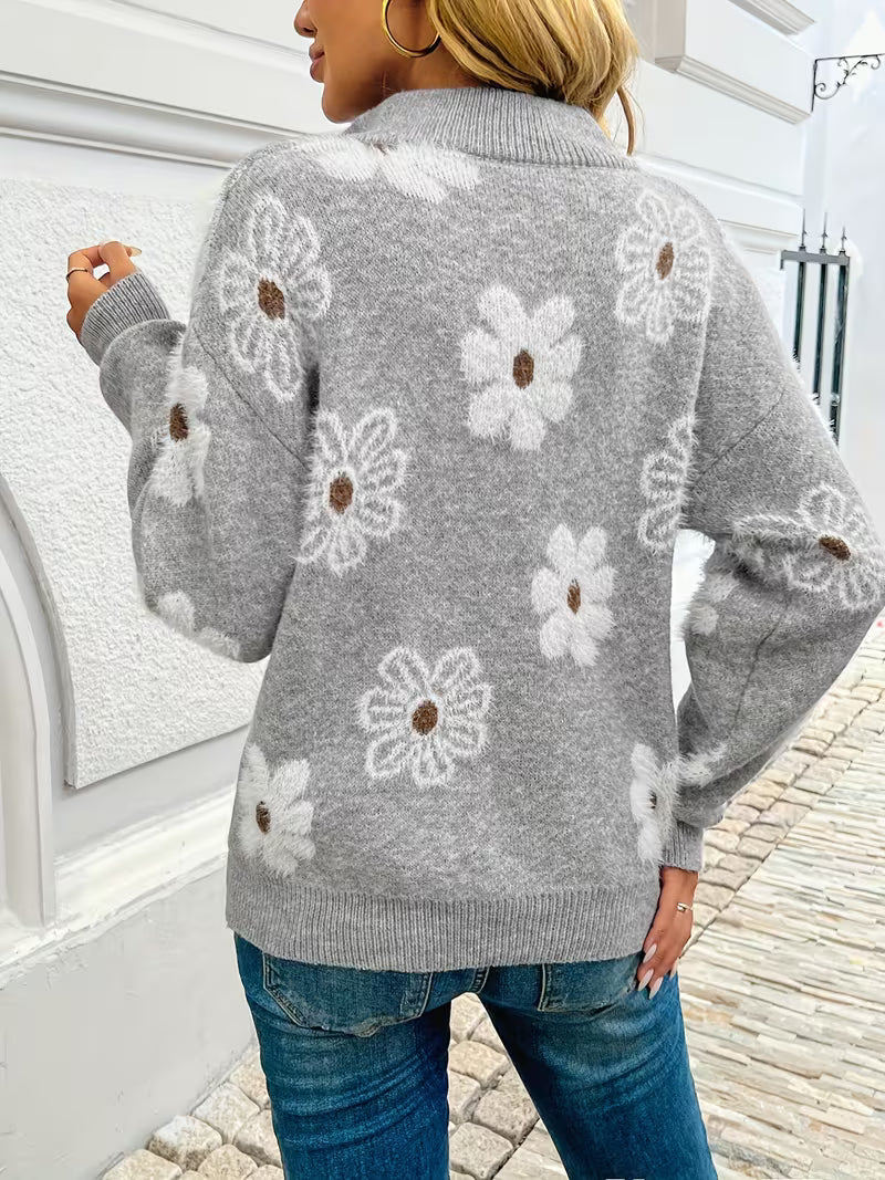 Floral Knit Half-Zip Sweater