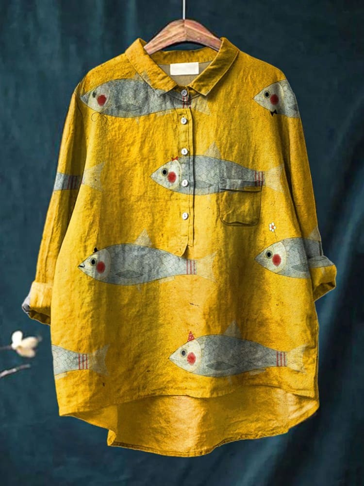 Women's Vintage Fish Art Print Casual  Linen Shirt