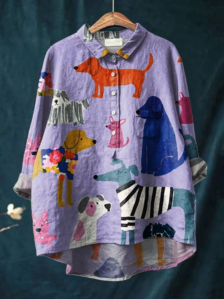 Women's Dog  Art Print Casual  Linen Shirt