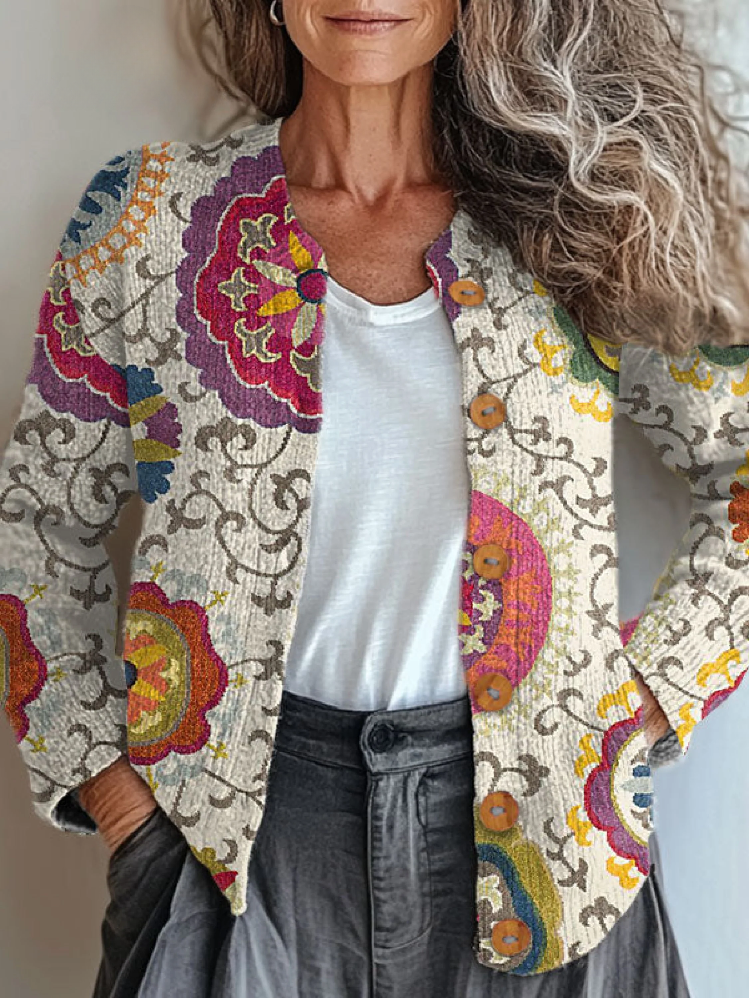Vintage Flower Art Print Buttoned Cardigan Sweater