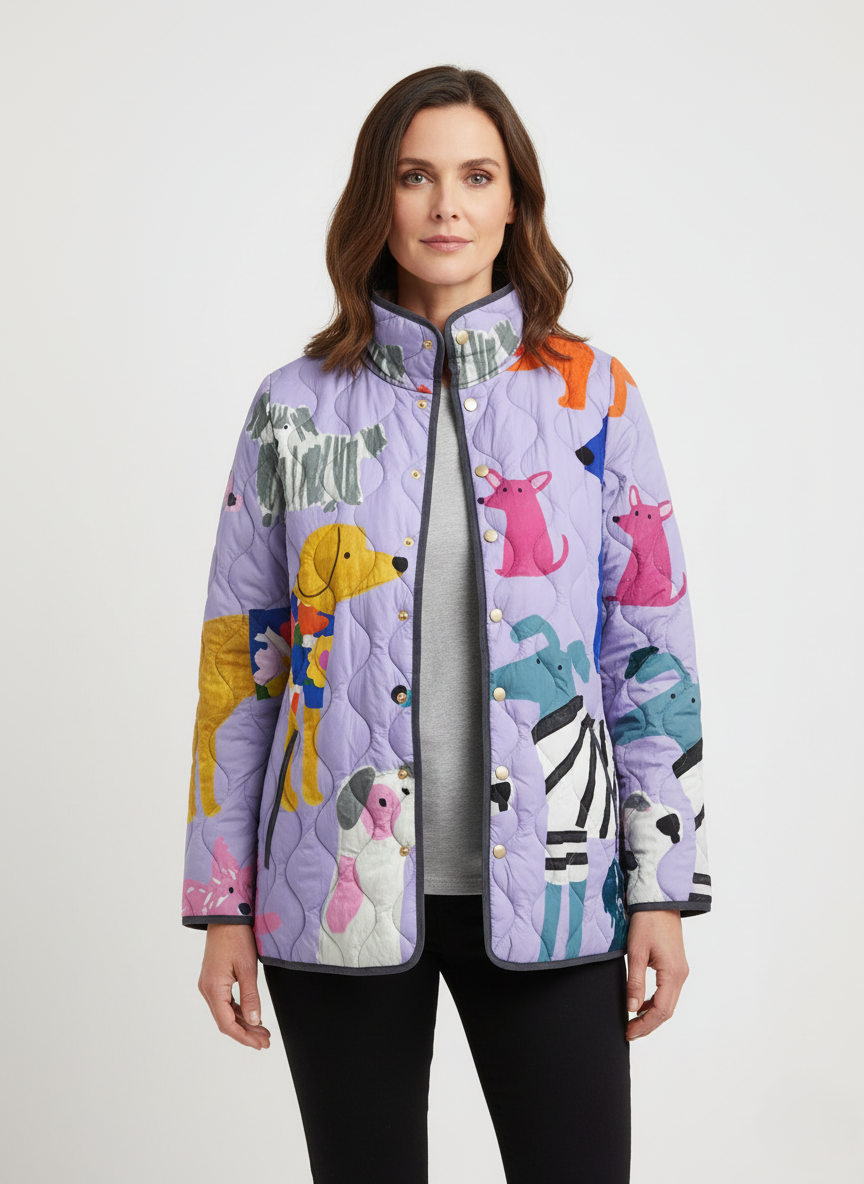 Women's Colorful Dog Print Quilted Jacket
