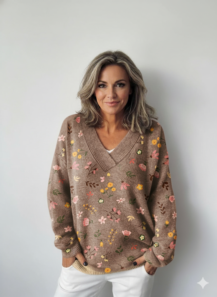 Flower Art Print Knit V-neck Pullover Sweater