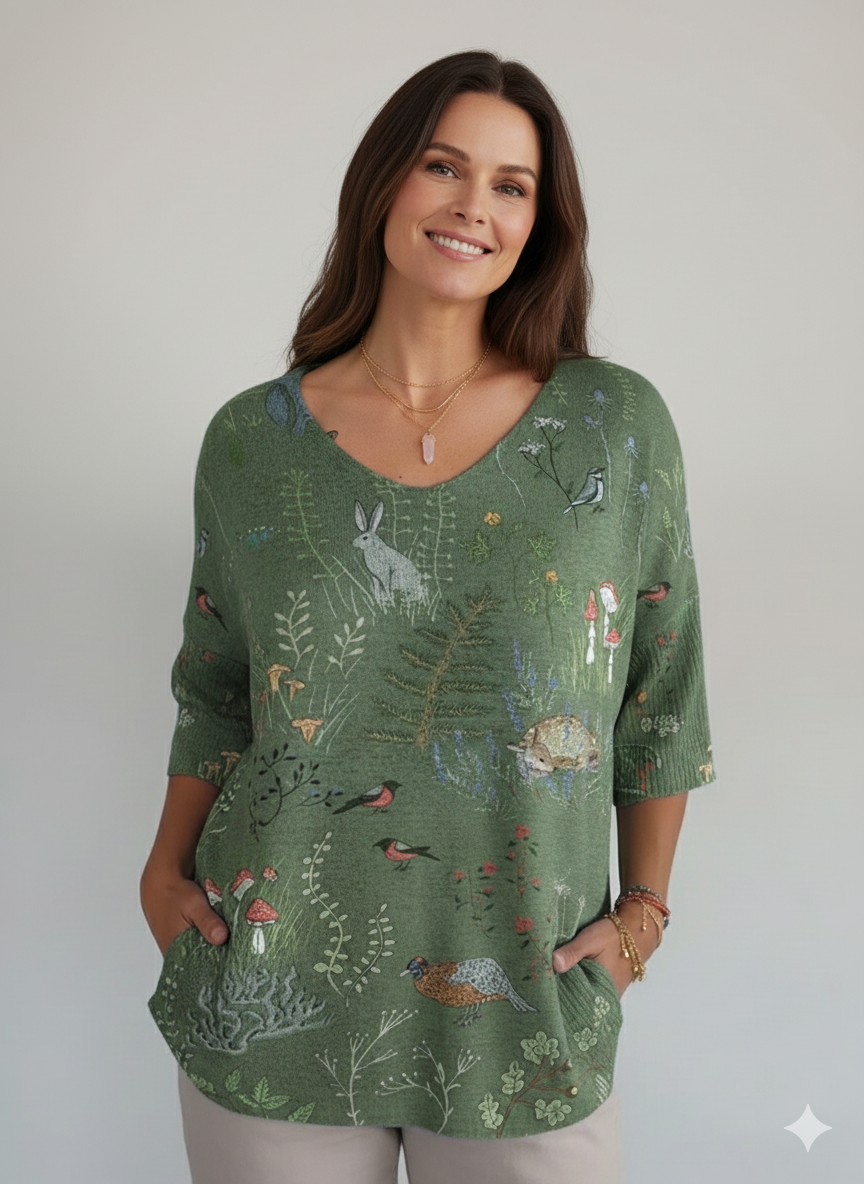 Woodland And Animals Repeat Pattern Printed Women's Casual Pullover Knit