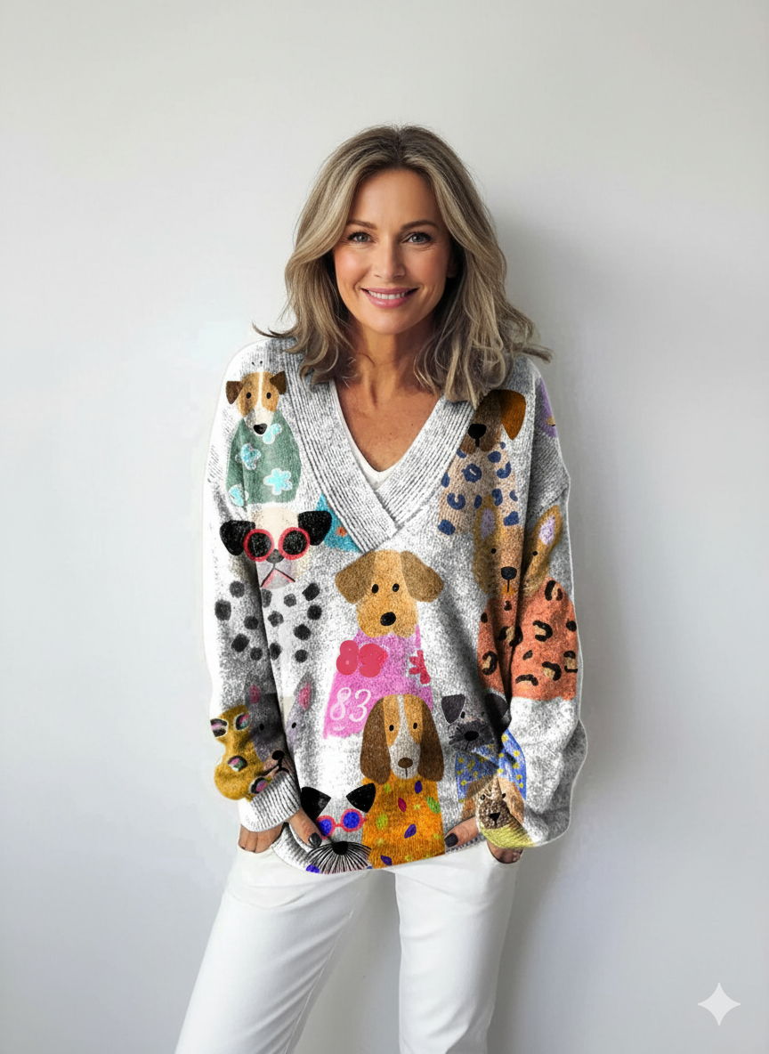 Multi-colored Cartoon Dog Print Knit V-neck Pullover Sweater