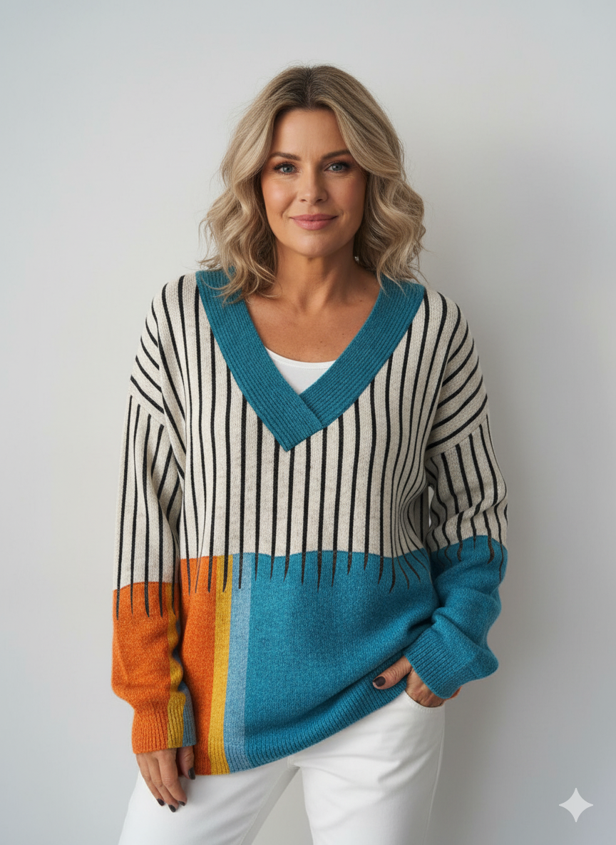 Minimalist Abstract Geometry Art  Print Knit V-neck Pullover Sweater