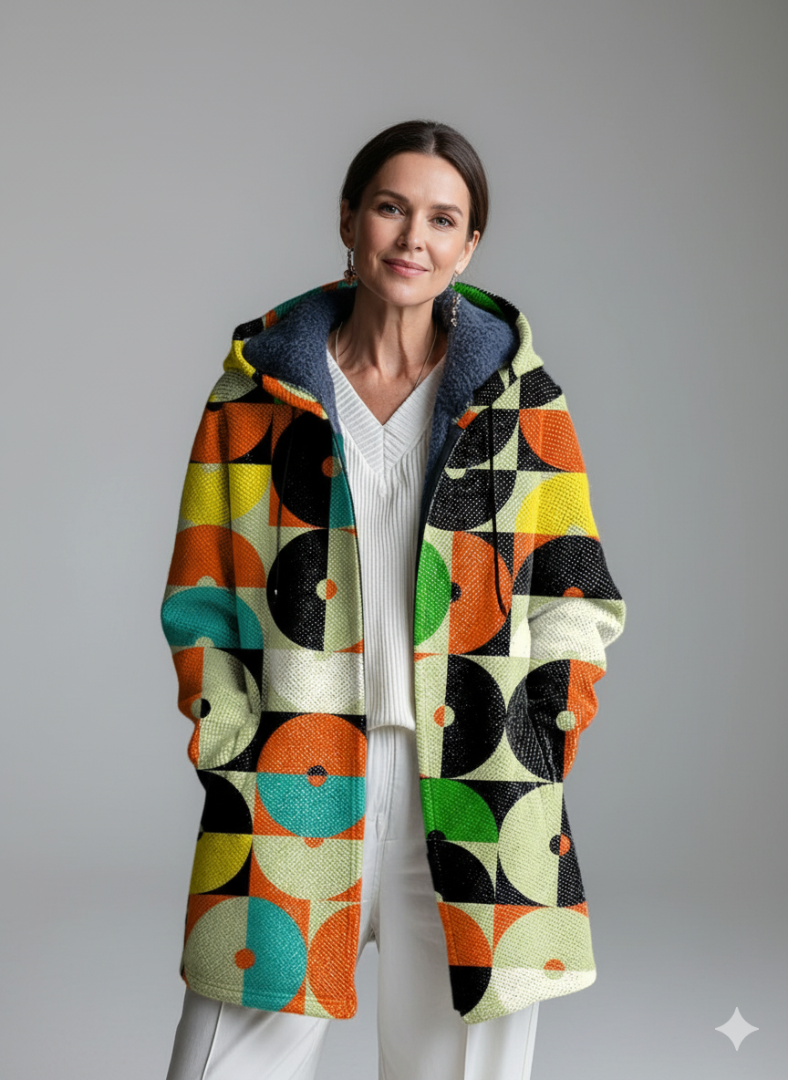 Beautiful Colorful Geometric Check Art Print Unisex Plush Thick Long-Sleeved Sweater Cardigan Coat