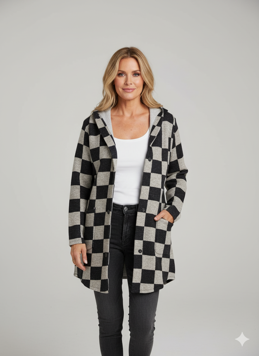 Check Art Print Long Sleeve Button Hooded Jacket