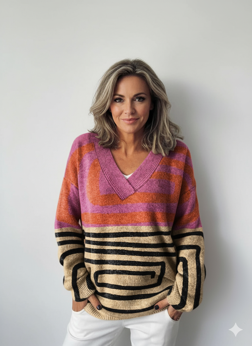 Color-blocked Abstract Graphics Print Knit V-neck Pullover Sweater