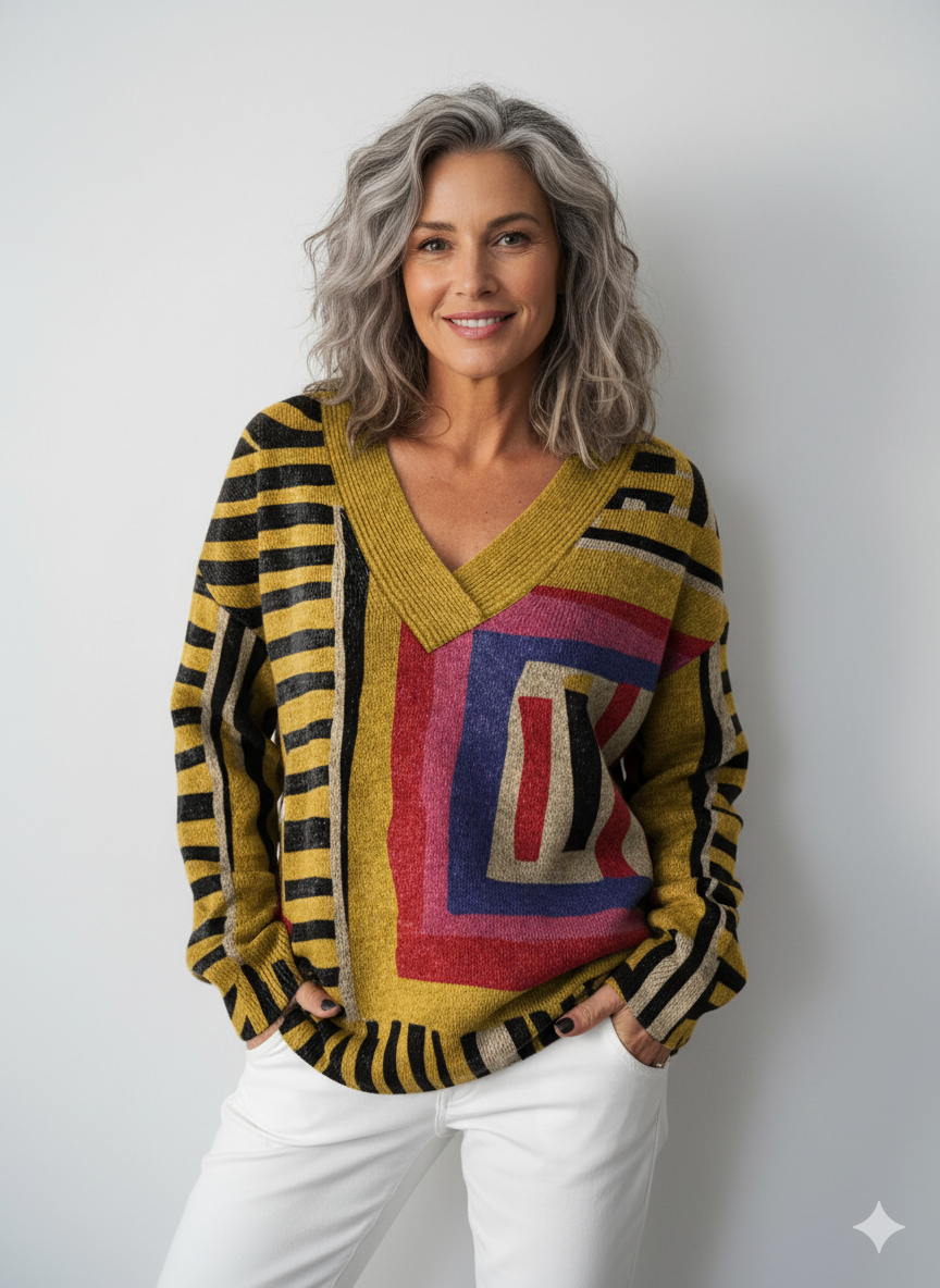 Yellow Color-block Abstract Figure Print Knit V-neck Pullover Sweater