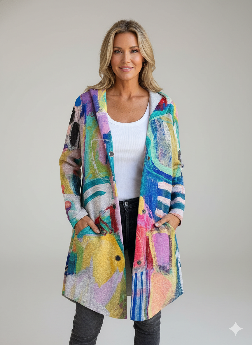 Abstract Geometric Art Print Casual Long Sleeve Button Hooded Jacket