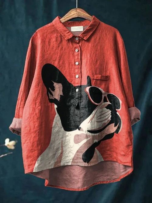 Decorative Pattern of French Bulldog with Sunglasses  Linen Shirt