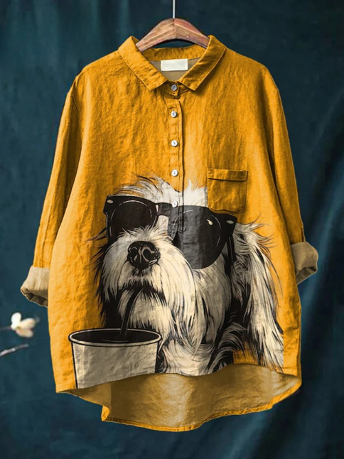 Cute Animal Sunglasses Coffee Dog Art Animal Vintage Print Casual  Linen Shirt