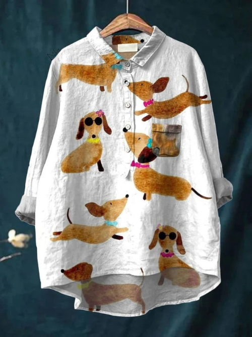Cute Dog Dachshund Art Print Casual  Linen Shirt