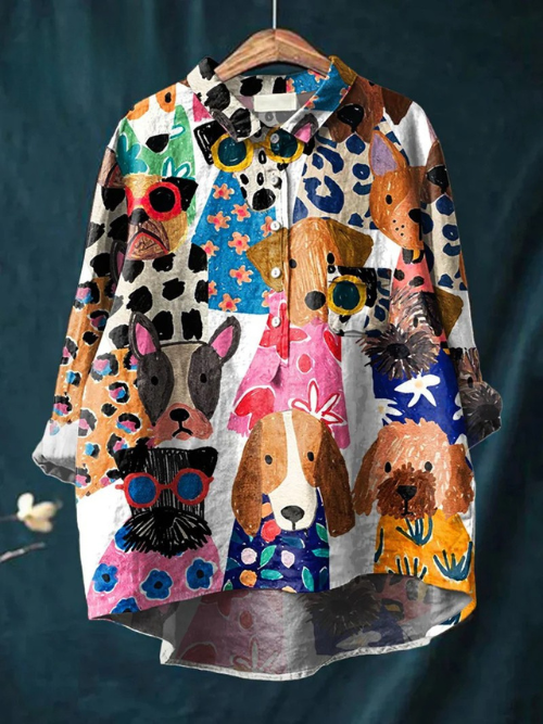 Women's Dog  Art Print CasualLinen Shirt