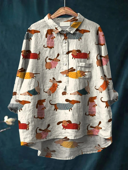 Women's Cute Dachshund Art Print Casual  Linen Shirt
