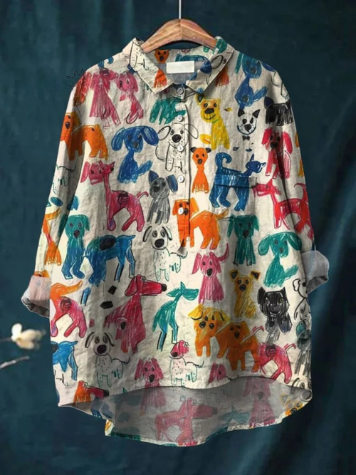 Women's Kid Drawing Art Dog Art Print Casual  Linen Shirt