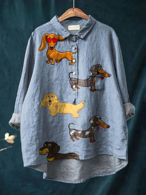 Vintage Lovely Dachshund Art Print Casual  Linen Shirt