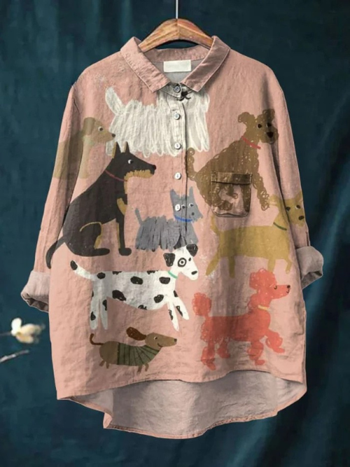 Women's Cute Dog Art Print Casual  Linen Shirt