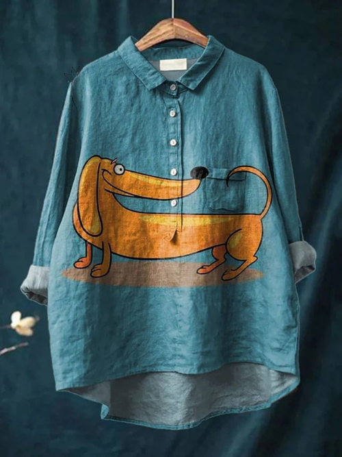 Vintage Lovely Dachshund Art Print Casual  Linen Shirt