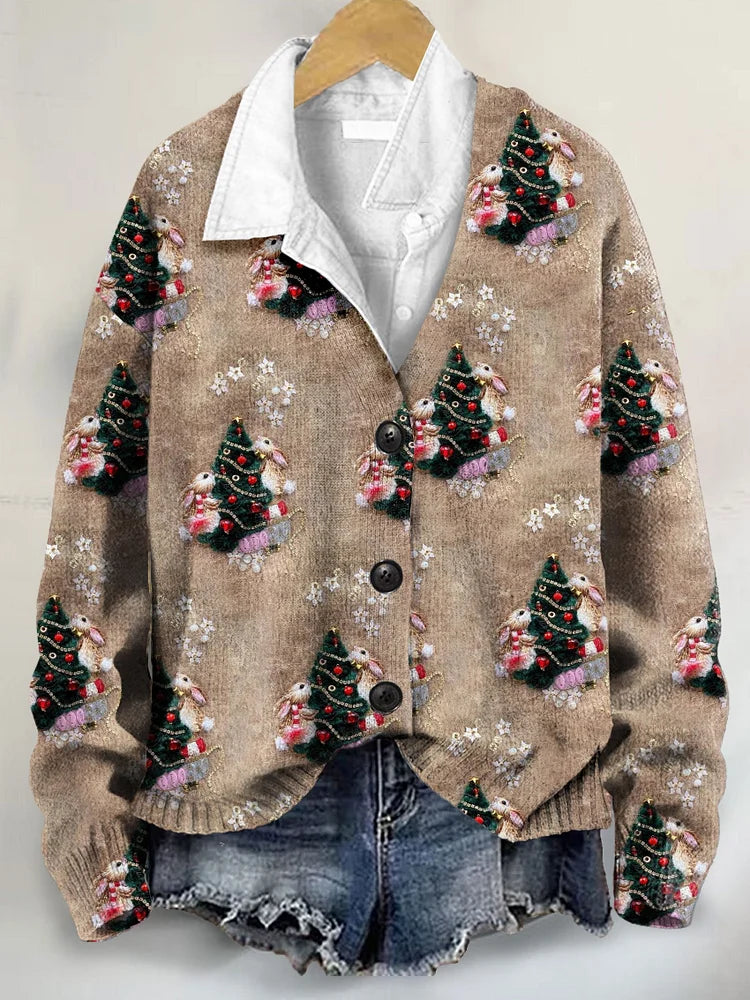Cute Christmas 3D Art Print Buttoned V-neck Cardigan Sweater