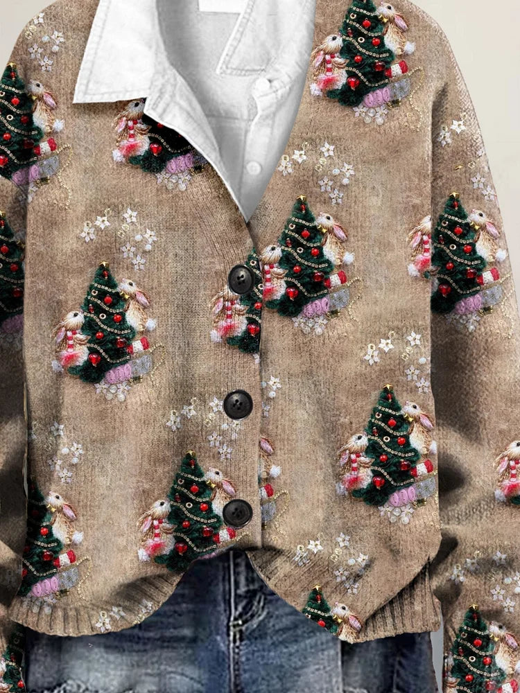 Cute Christmas 3D Art Print Buttoned V-neck Cardigan Sweater