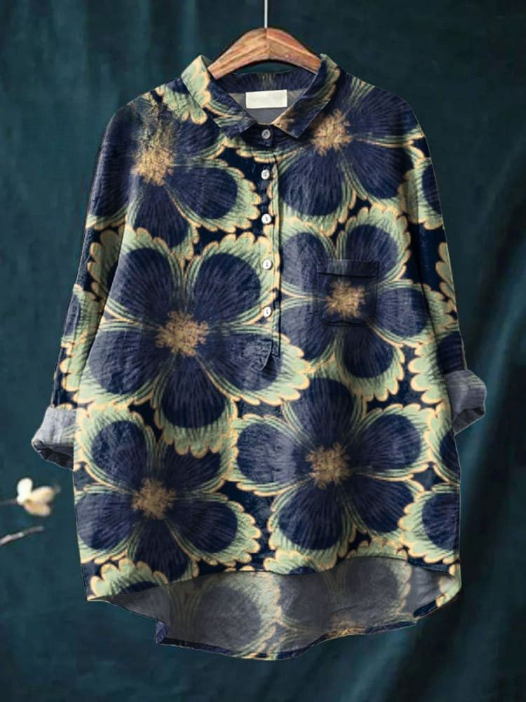 Women's Vintage Floral Art Print Casual  Linen Shirt