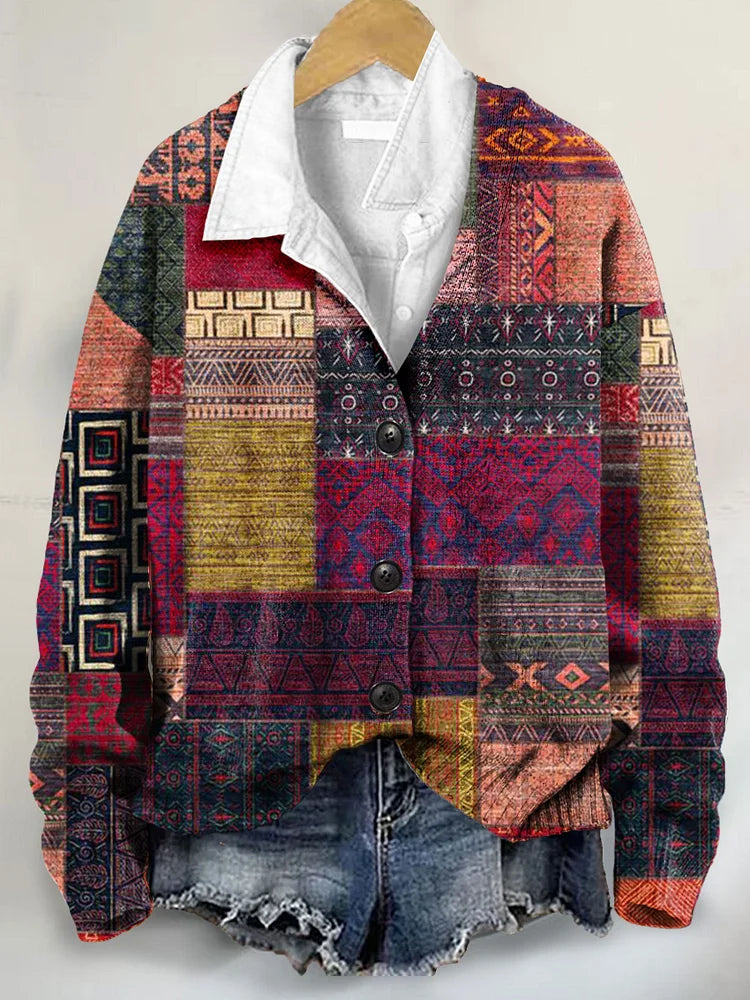 Vintage Art Print Buttoned V-neck Cardigan Sweater