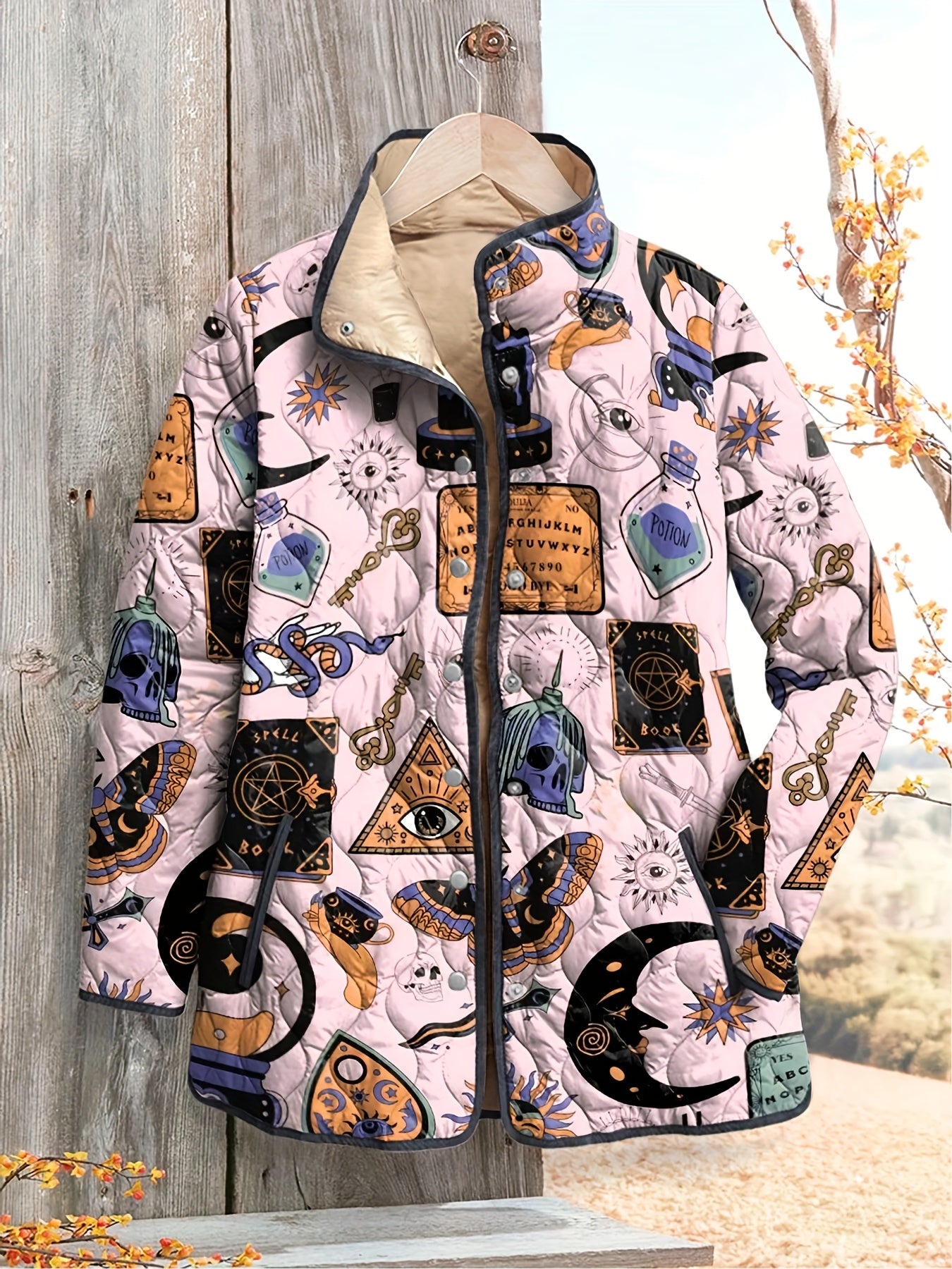 Women's Mystic Symbols Print Quilted Jacket
